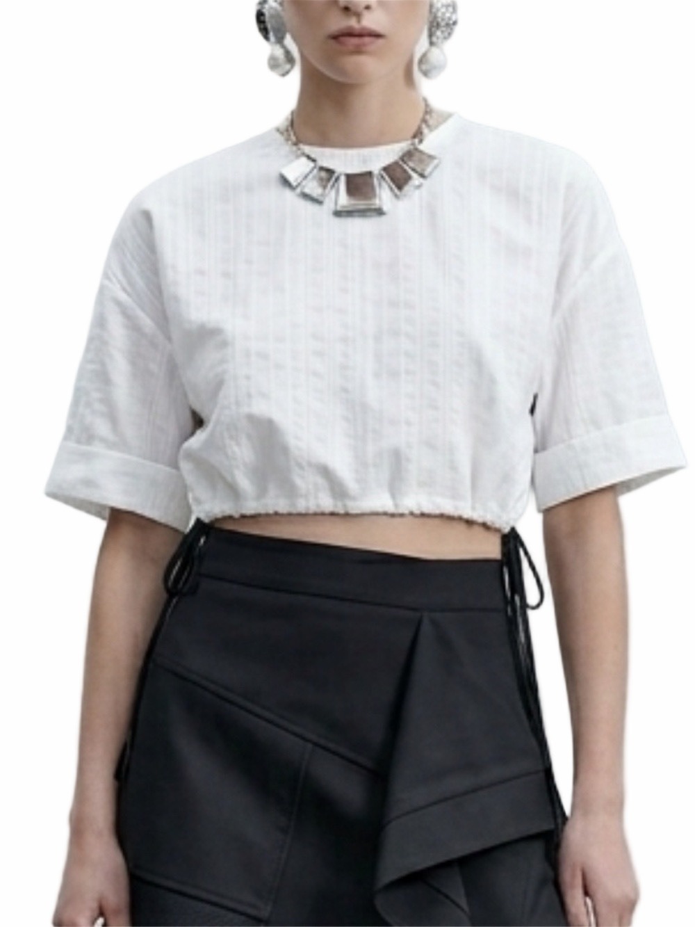 Zara boxy oversized cropped minimalist white drawstring hem drop shoulder top XS